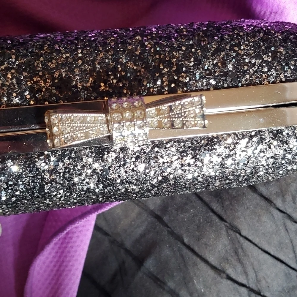 Vintage Black Silver Sequin Evening Bag with Chain